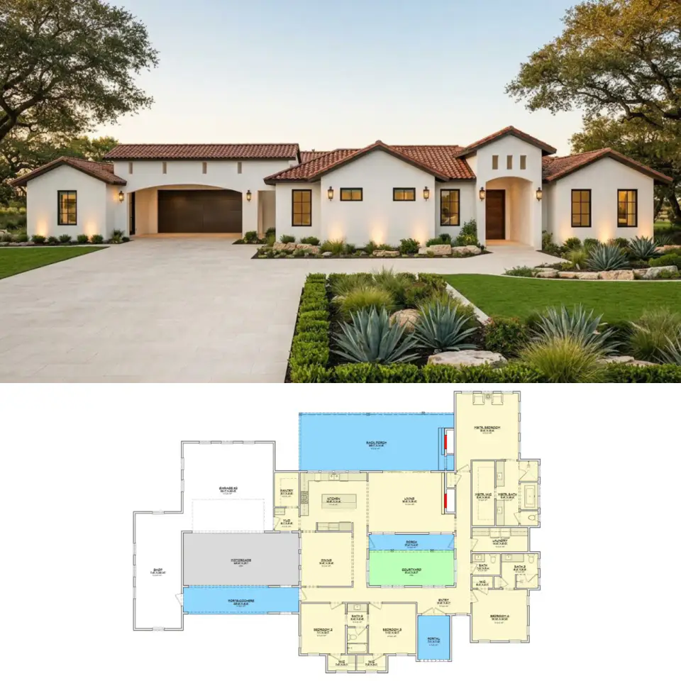 Mediterranean Spanish House Plan with Courtyard & Workshop