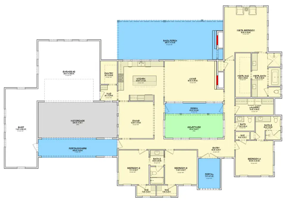 Mediterranean Spanish house plan 2815 sq ft main level floor plan with central courtyard