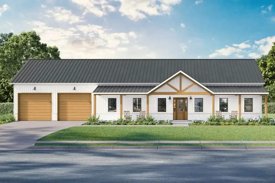Front exterior of modern barndominium plan 170017ADS with standing seam metal roof gable entry and covered porch