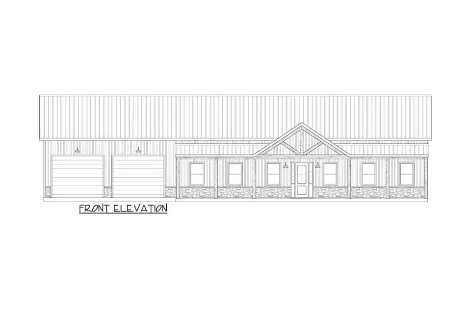 Angled view of plan 170017ADS showing the long low barndominium profile and two-bay garage