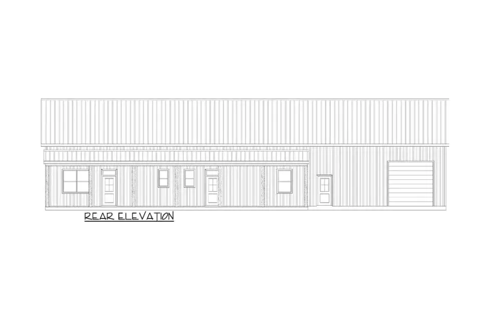 Rear elevation of barndominium plan 170017ADS with full-width covered back porch