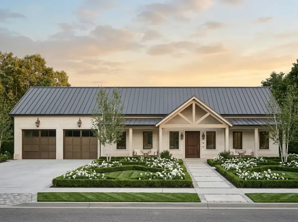 Formal estate facade of barndominium plan 170017ADS with cream walls dark metal roof and boxwood parterres