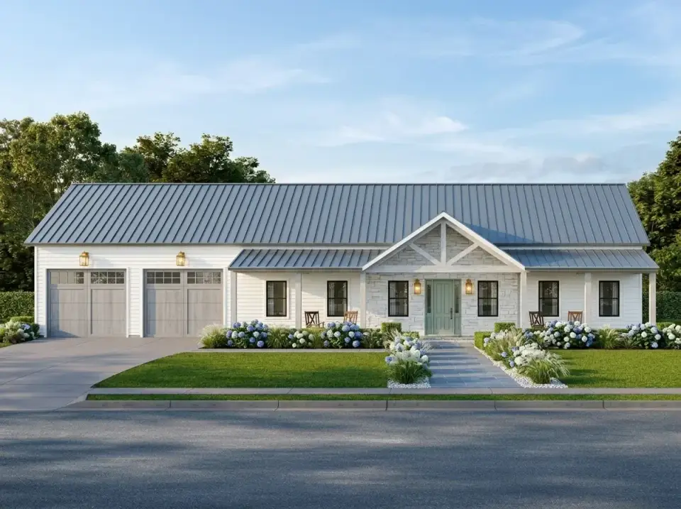 Coastal farmhouse facade of plan 170017ADS with white siding light stone veneer and silver metal roof