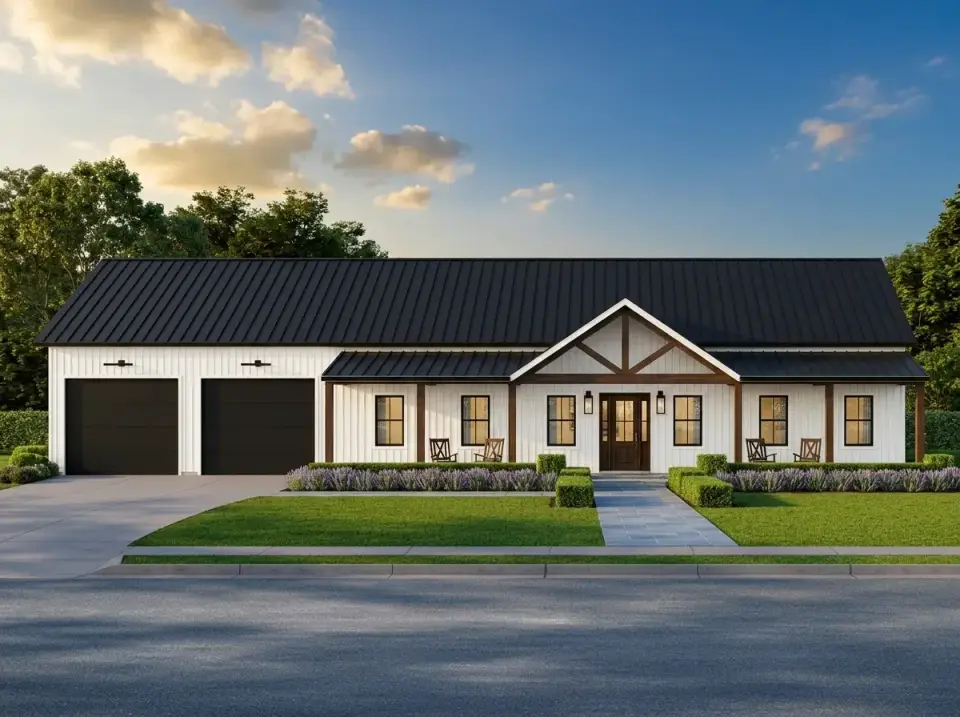 Classic barndominium facade of plan 170017ADS with white board and batten dark trim and black metal roof