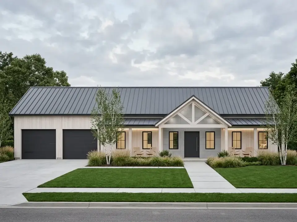 Contemporary minimalist facade of plan 170017ADS with pale neutral walls charcoal garage doors and gray metal roof