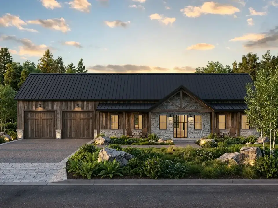 Mountain rustic facade of plan 170017ADS with dark stained wood siding natural stone and black metal roof