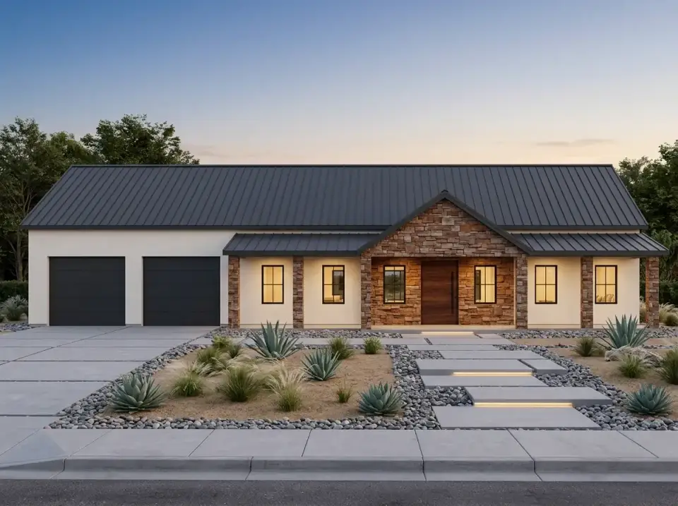 Desert modern facade of plan 170017ADS with white stucco stacked stone entry and dark metal roof