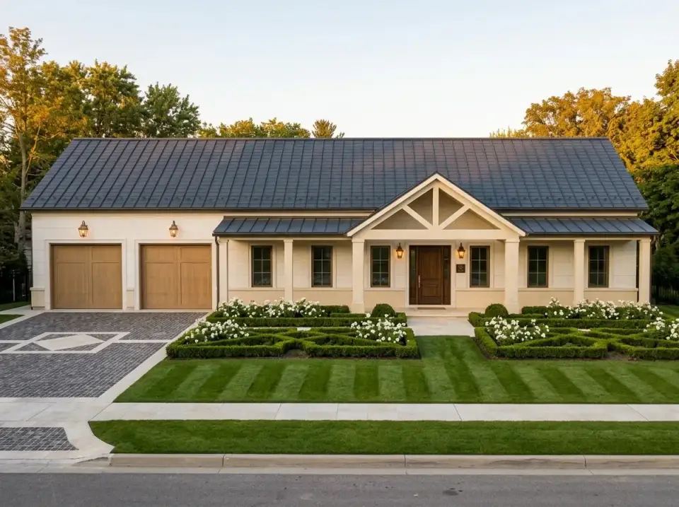 French provincial facade of plan 170017ADS with cream stucco dark roof and parterre gardens