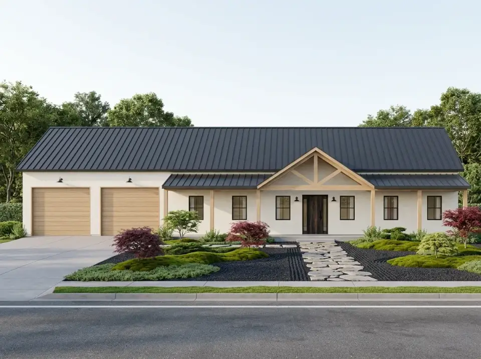 Japandi zen facade of plan 170017ADS with light siding natural wood trim raked gravel and Japanese maples