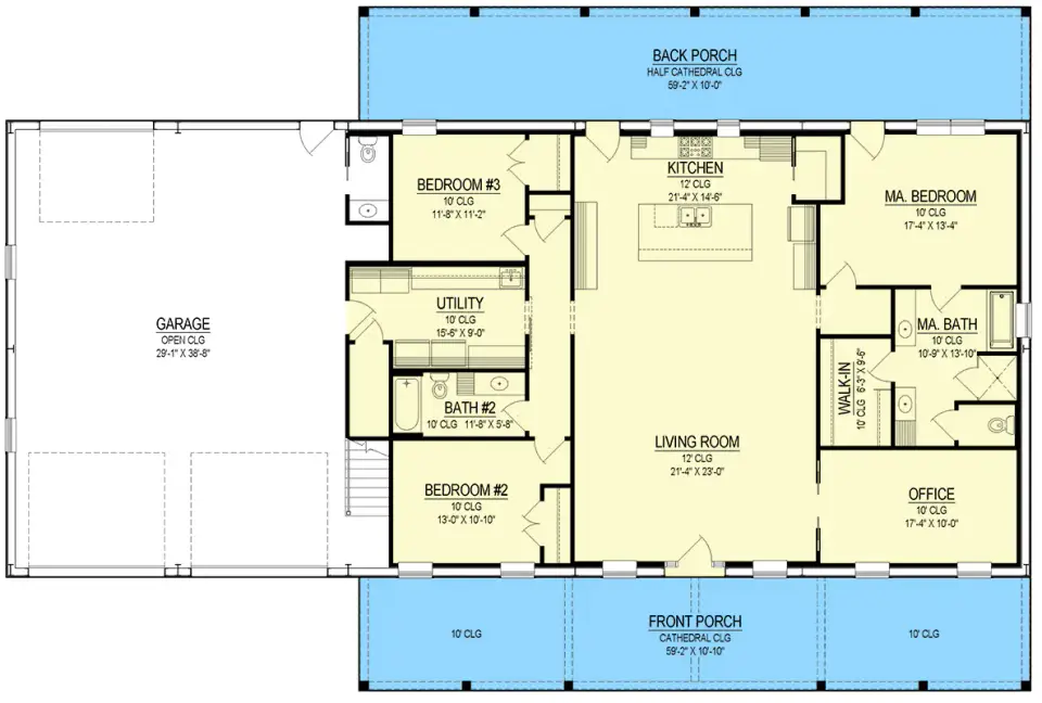 Main level floor plan for modern barndominium plan 170017ADS showing split-bedroom layout open kitchen and living area home office and oversized garage