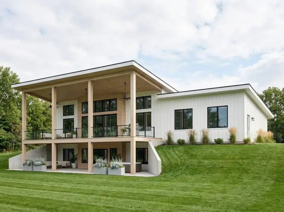 Modern Farmhouse facade variation with white board and batten siding timber porch accents black window frames and dark metal roof