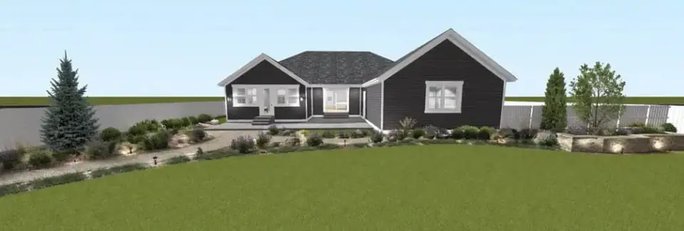 Angled view of the farmhouse exterior with dark window trim