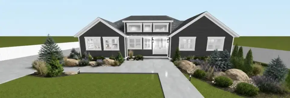 Farmhouse exterior with covered front porch and gable detailing