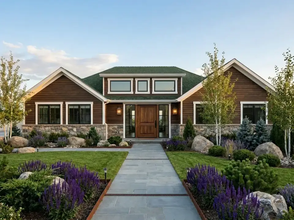 Rustic stone and brown siding facade with green shingle roof
