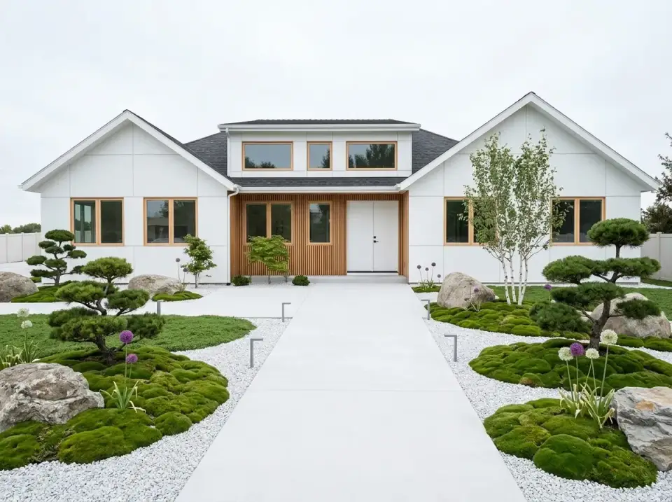 Minimalist white siding facade with vertical cedar slats at the entry