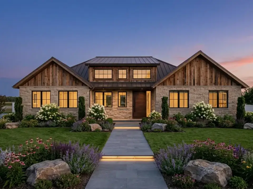 Mountain modern lodge facade with heavy stone and wood gables