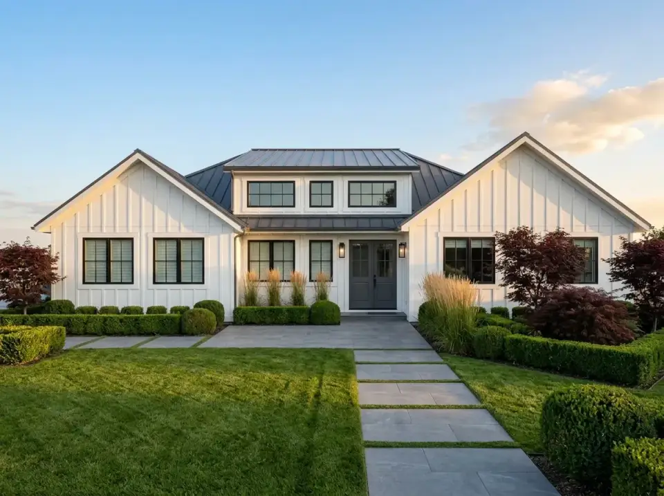 Classic white board-and-batten farmhouse facade with charcoal metal roof