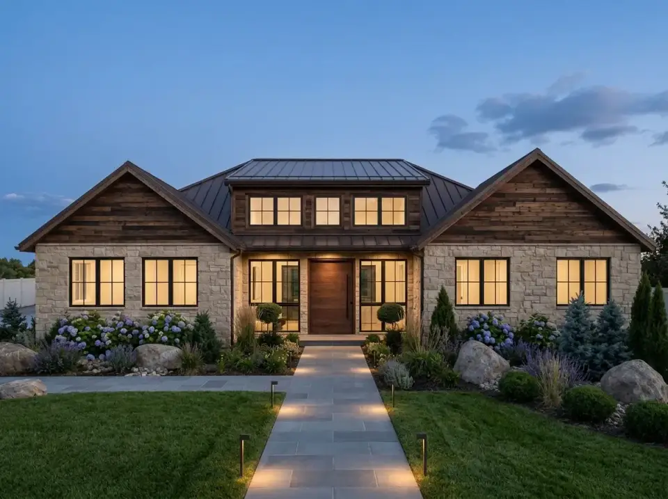 Dark wood and stone evening facade with bronze metal roof
