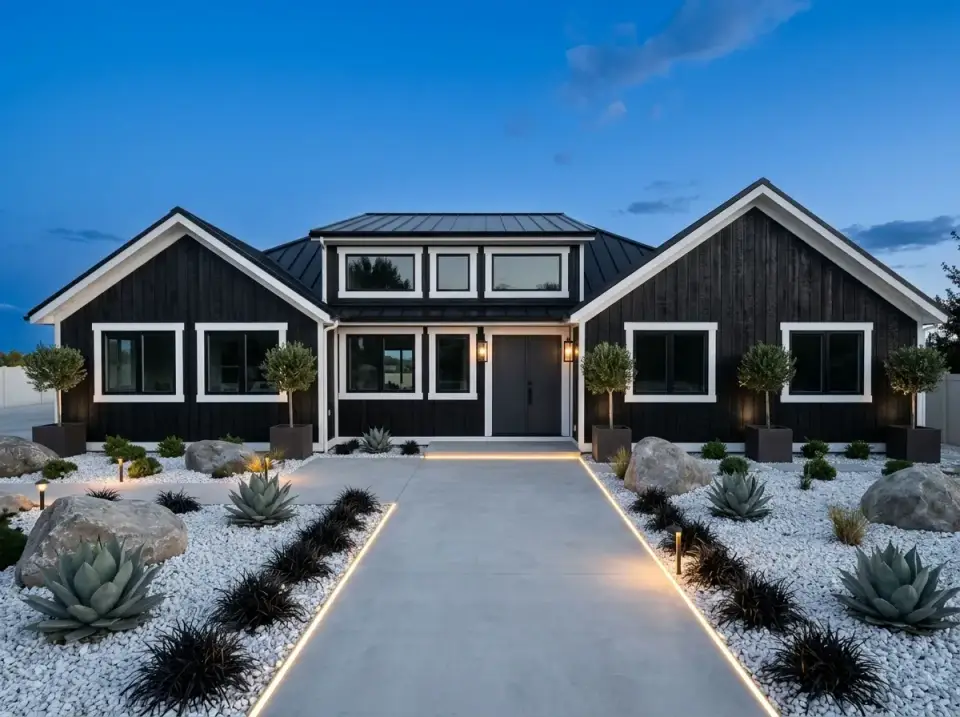 Desert contemporary facade with dark vertical siding and xeriscaped yard