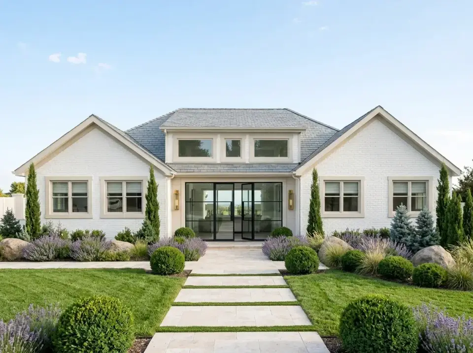 Transitional painted brick facade with gray shingle roof and boxwoods