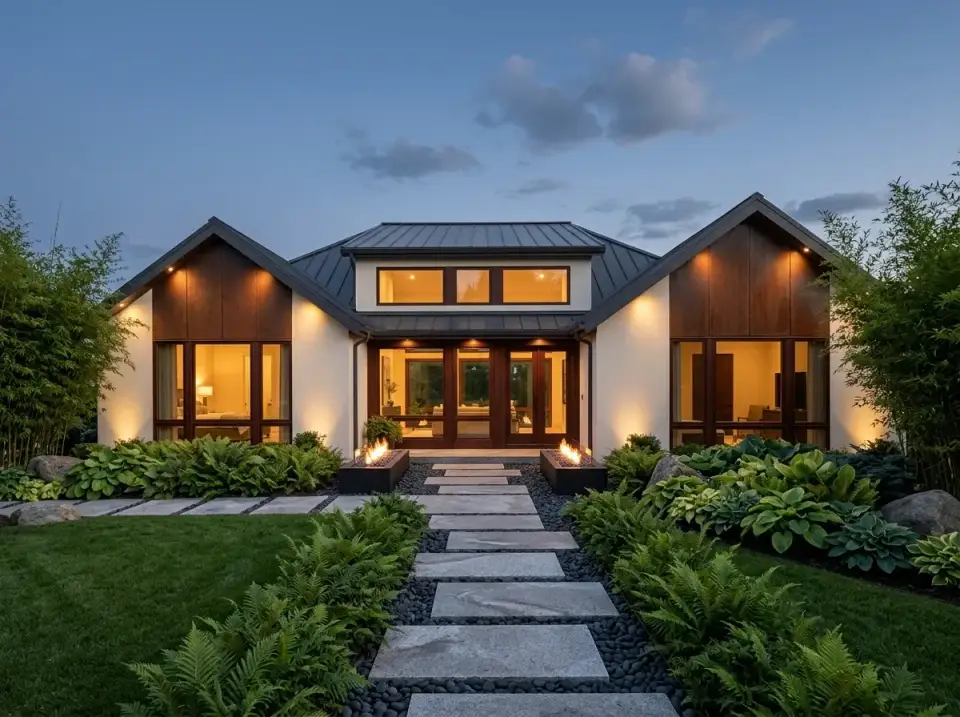 Modern zen sanctuary facade with stucco, dark wood, and courtyard planting
