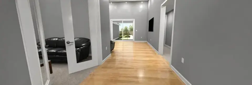 Dining area open to the great room with neutral finish palette