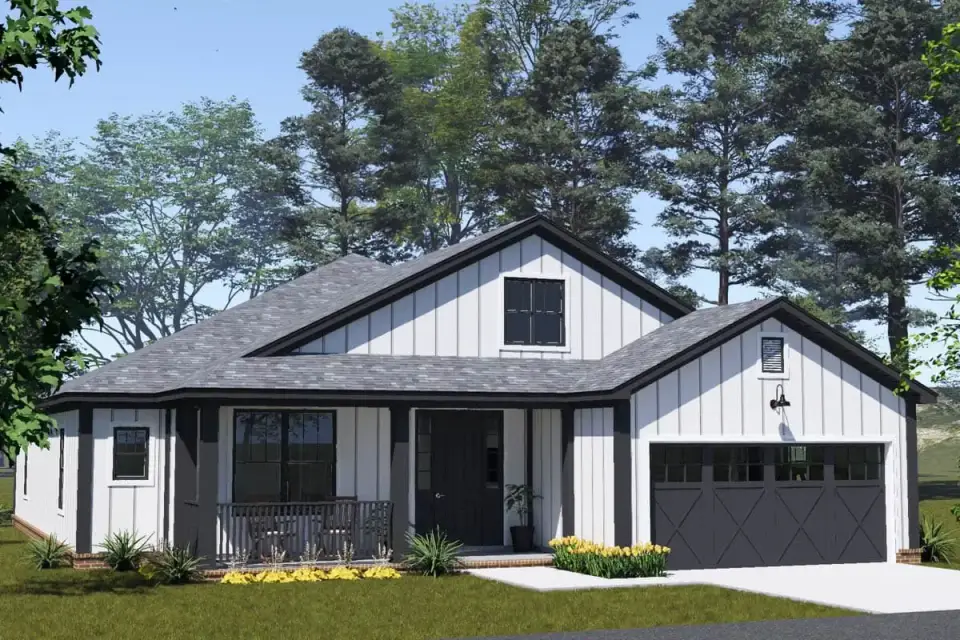 Board-and-batten modern farmhouse exterior of plan 52551WM with covered front porch