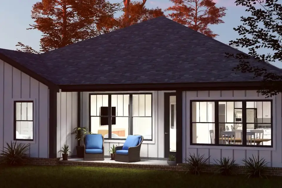 Dark trim against light cladding on modern farmhouse plan 52551WM