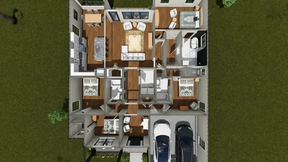 Exterior rendering of 4-bedroom modern farmhouse plan 52551WM at dusk