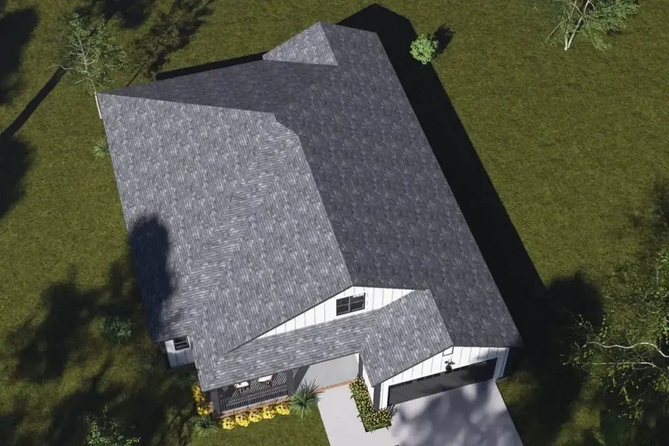 Full front view of board-and-batten farmhouse plan 52551WM with landscaping