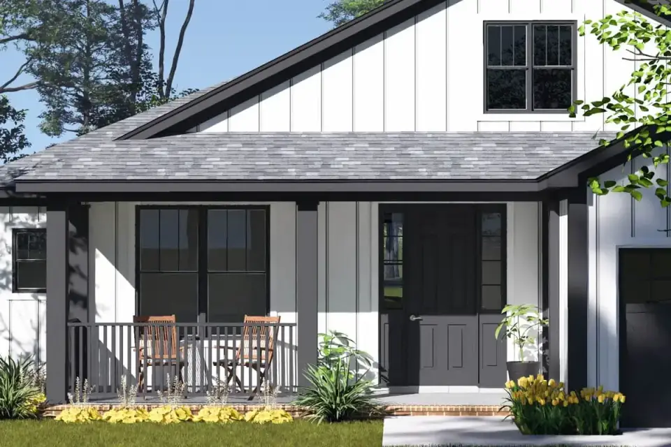 Front elevation of single-story farmhouse plan 52551WM with dark window trim