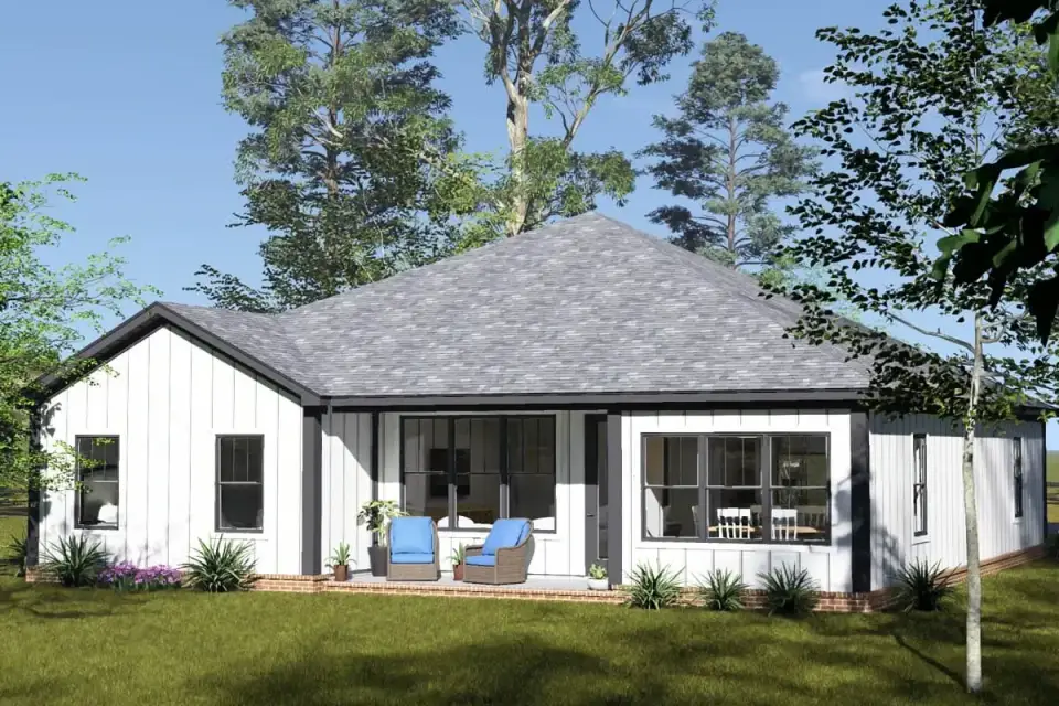 Gabled roofline and porch columns on modern farmhouse plan 52551WM