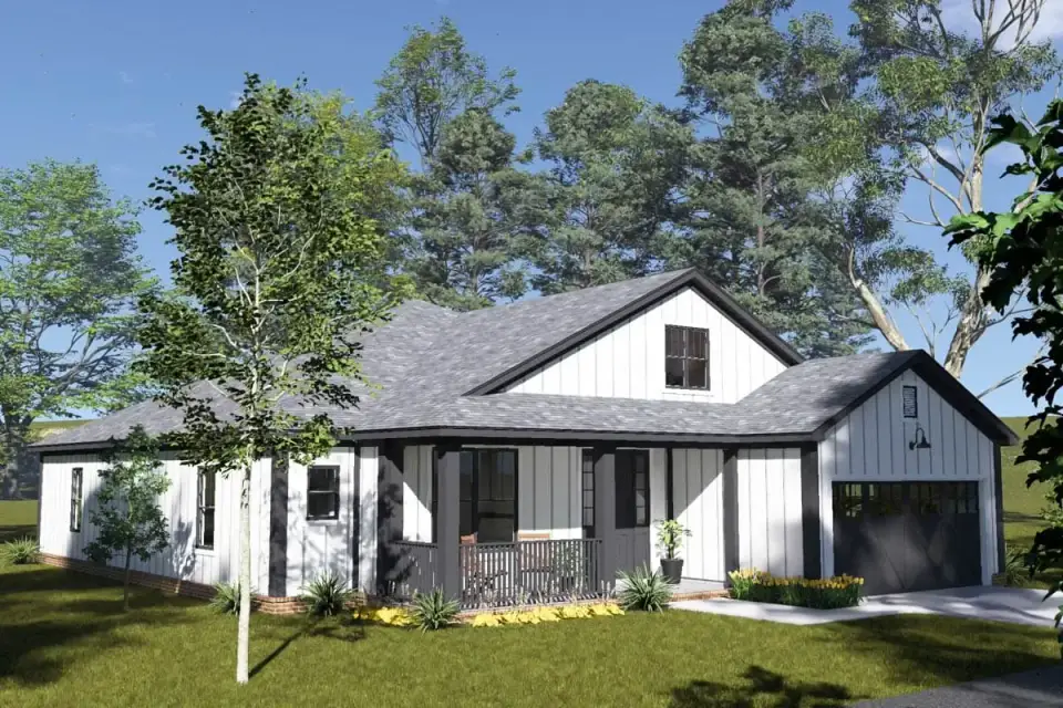 Attached two-car garage integrated into farmhouse plan 52551WM massing