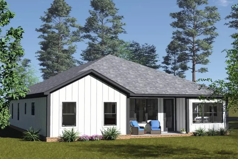 Covered rear porch of single-story modern farmhouse plan 52551WM