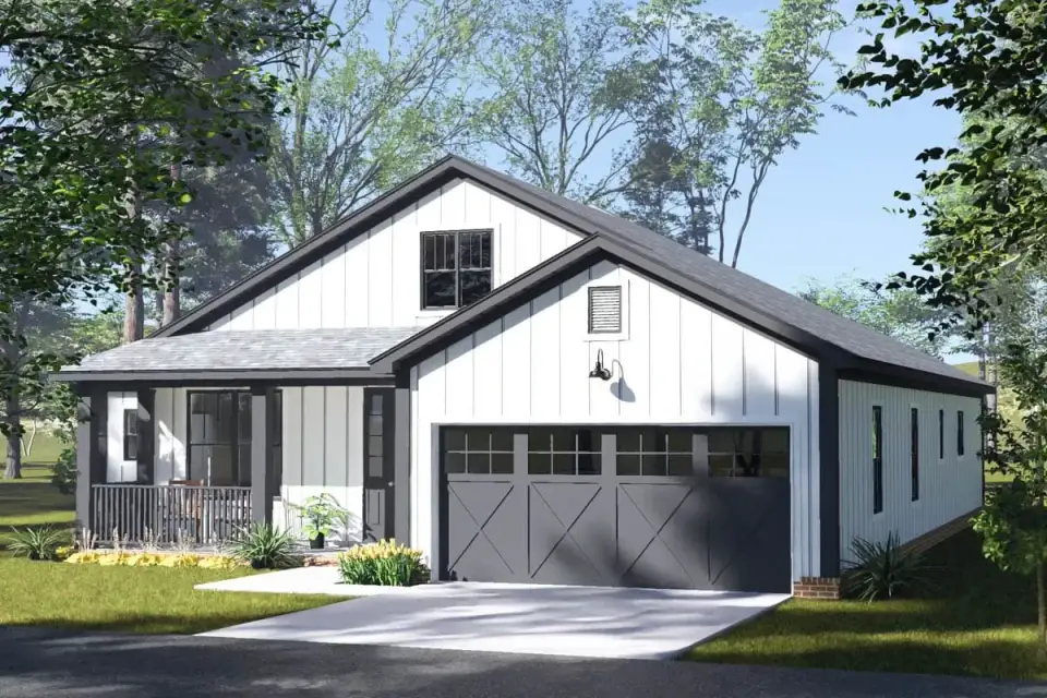 Roof overhangs and gable forms on modern farmhouse plan 52551WM