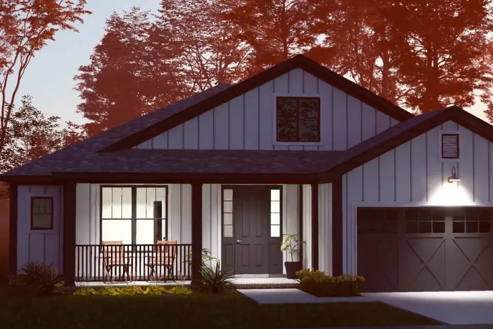 Front porch entry sequence of single-story farmhouse plan 52551WM