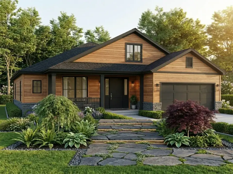 Natural wood and stone rustic facade variation of farmhouse plan 52551WM