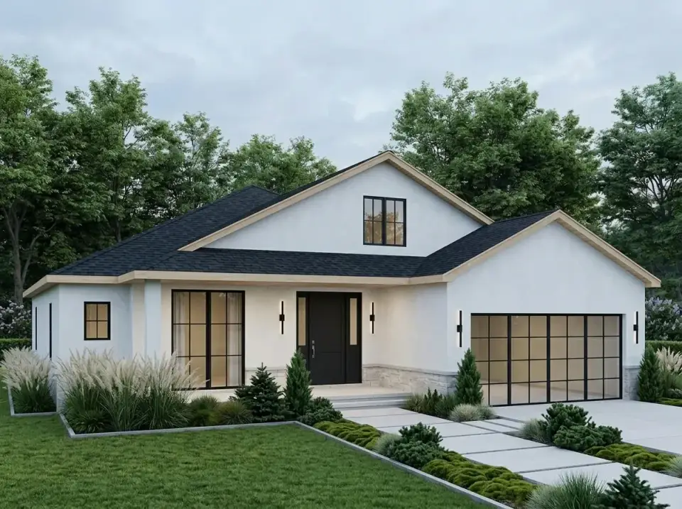 Contemporary stucco minimalist facade variation of farmhouse plan 52551WM
