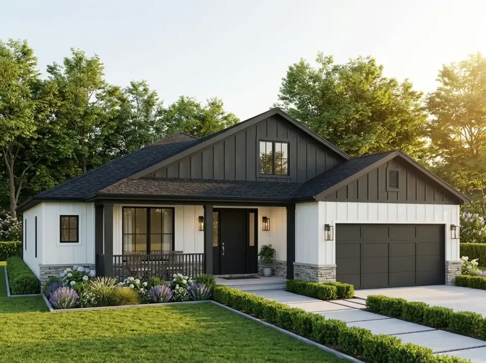 Two-tone modern farmhouse facade variation of plan 52551WM