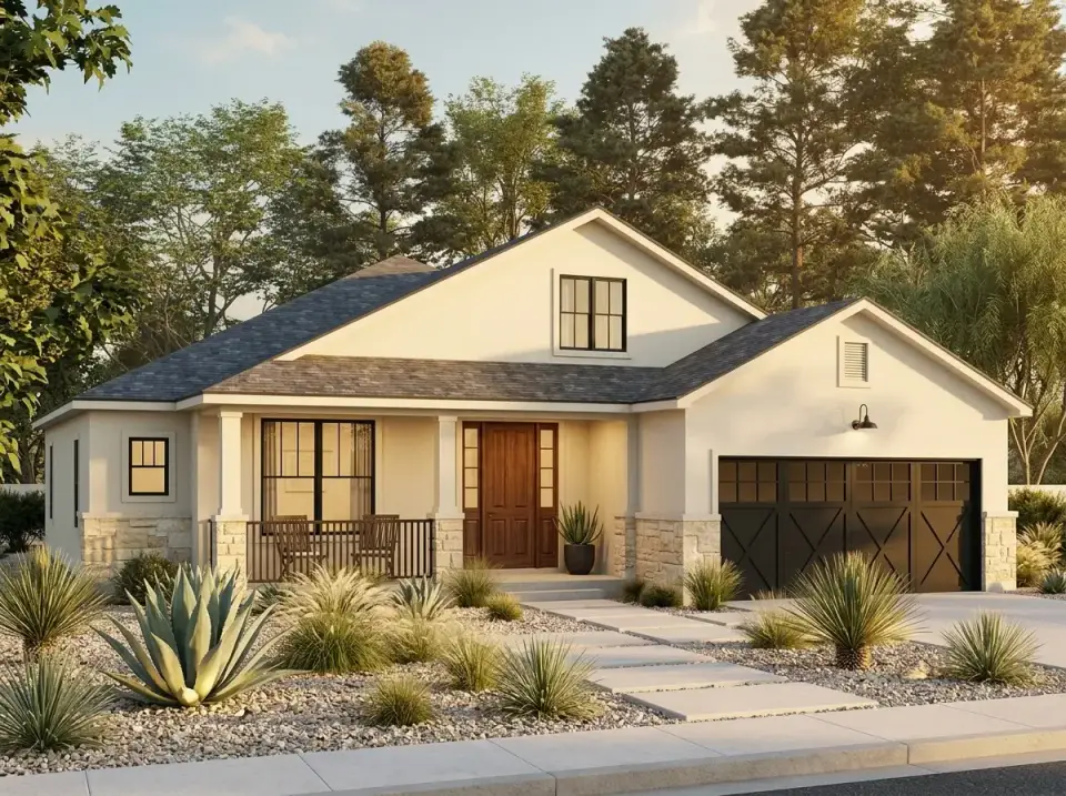 Desert transitional facade variation of farmhouse plan 52551WM