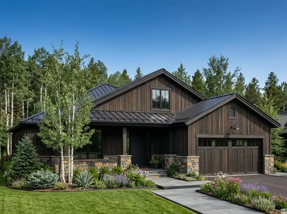 Mountain modern lodge facade variation of farmhouse plan 52551WM