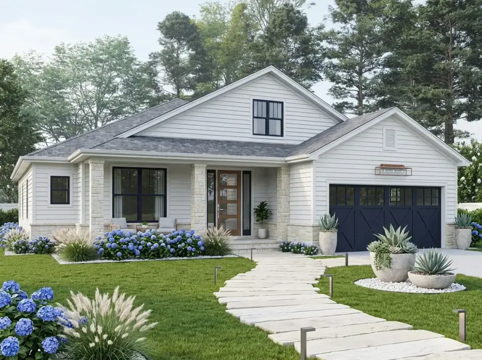 Coastal cottage hybrid facade variation of farmhouse plan 52551WM