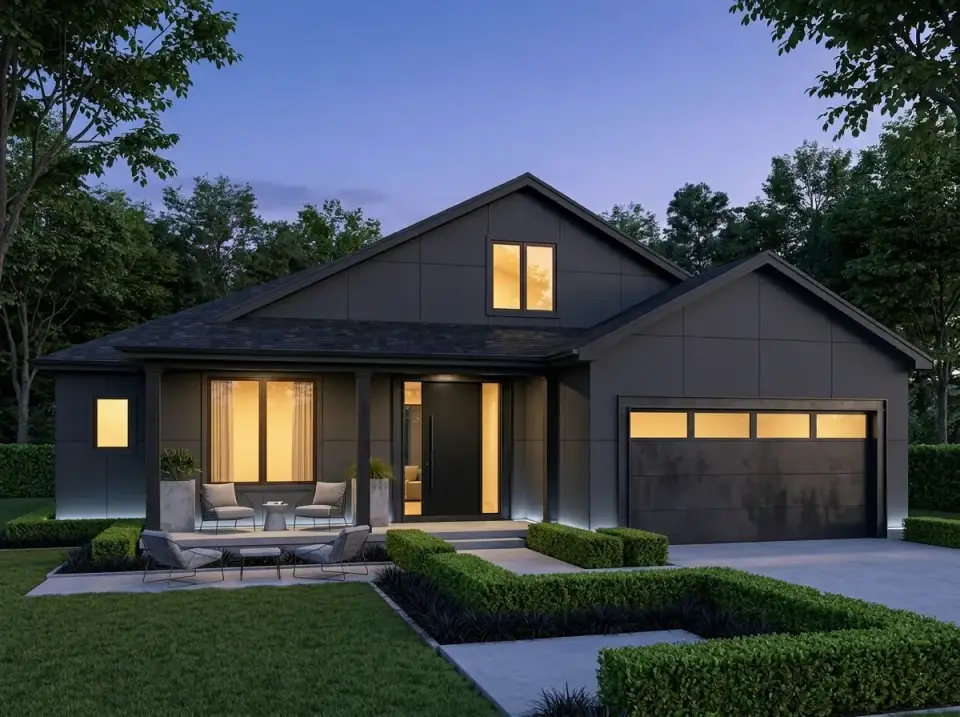 Modern noir charcoal facade variation of farmhouse plan 52551WM