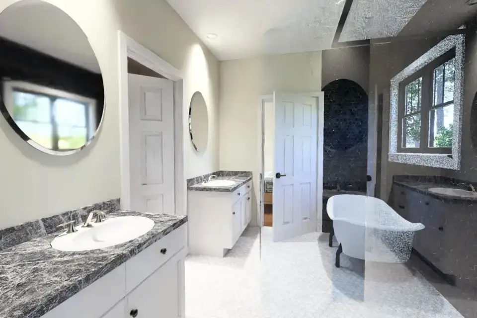 Hall bathroom with hexagonal floor tile in farmhouse plan 52551WM