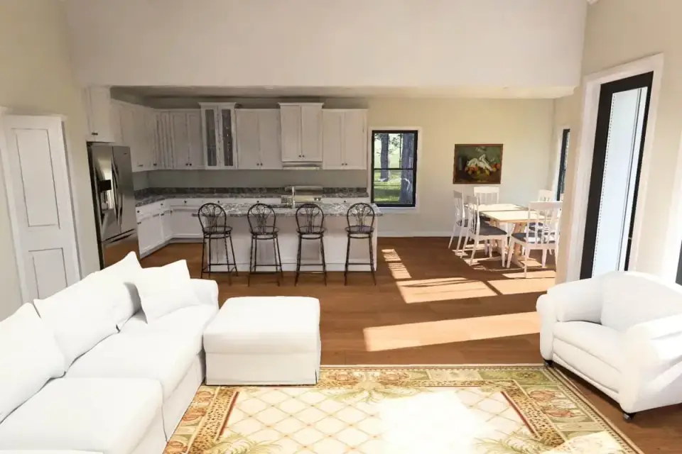 Living room with 11-foot ceiling and large windows in farmhouse plan 52551WM