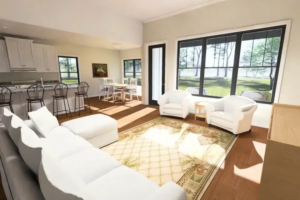 Kitchen island with seating and stainless appliances in farmhouse plan 52551WM