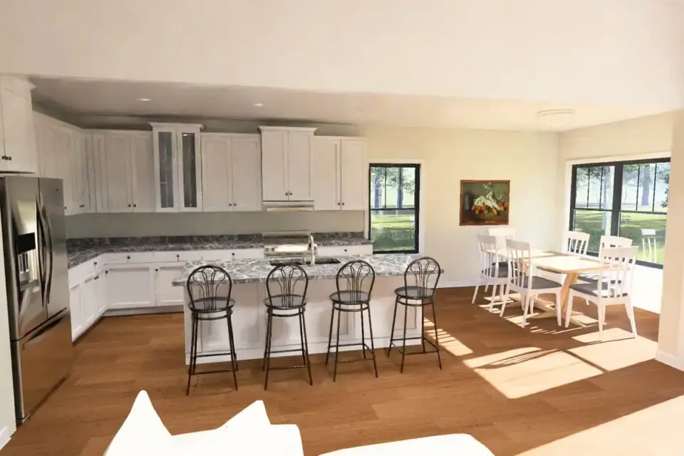 Granite-pattern countertops and pantry access in farmhouse plan 52551WM kitchen