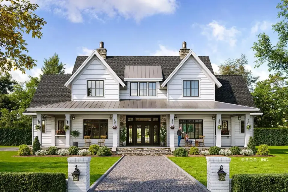 Front elevation of the 2,743 sq ft modern farmhouse with symmetrical gables, central shed dormer, and full-width front porch