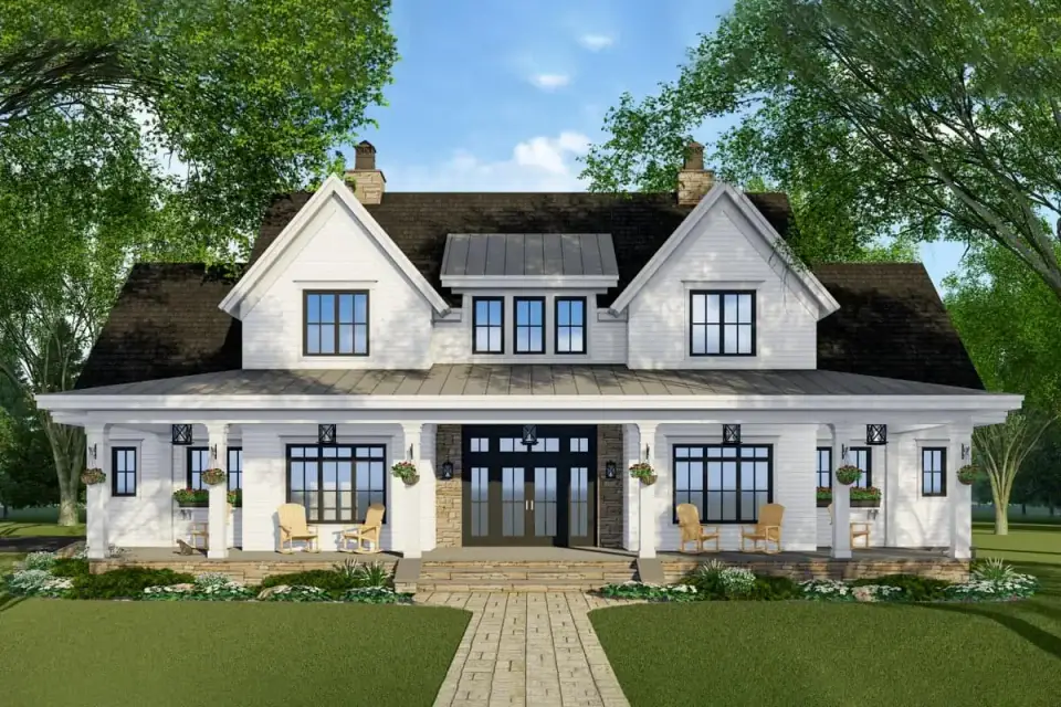 Front porch detail with columns, stone piers, and double French door entry