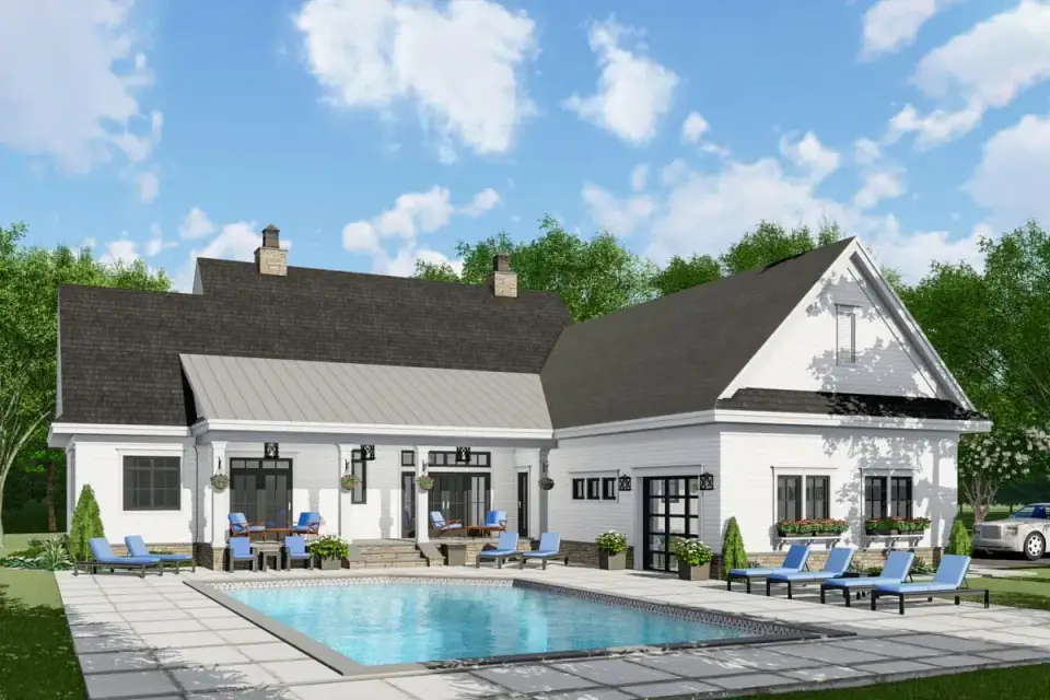 Rear elevation with covered porch, large windows, and indoor-outdoor connection for pool or patio integration